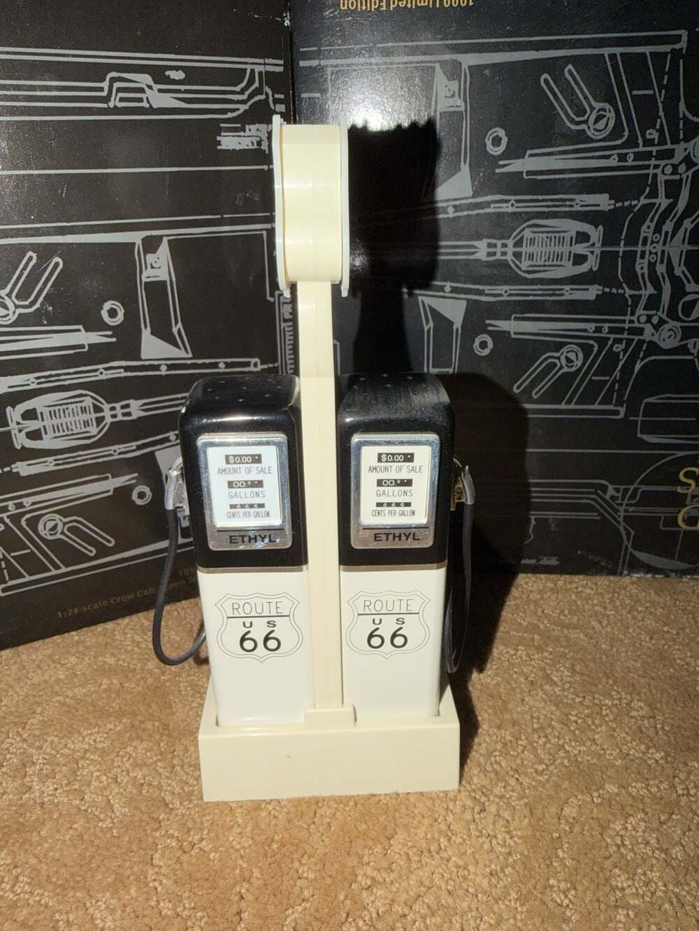 Vintage Route 66 Gas Pump Light Up Salt and Pepper Shakers with Caddy